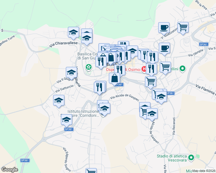 map of restaurants, bars, coffee shops, grocery stores, and more near 30 Via Pietà in Osimo
