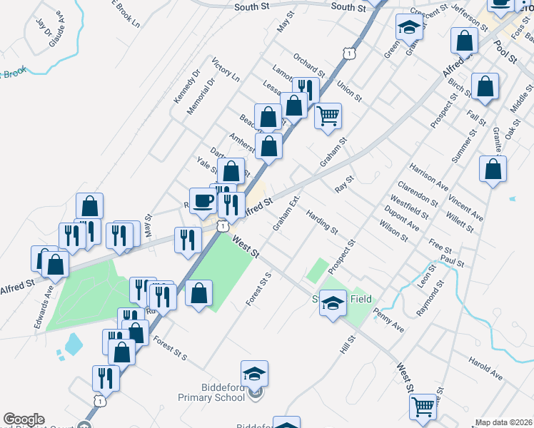 map of restaurants, bars, coffee shops, grocery stores, and more near 6 Dental Avenue in Biddeford
