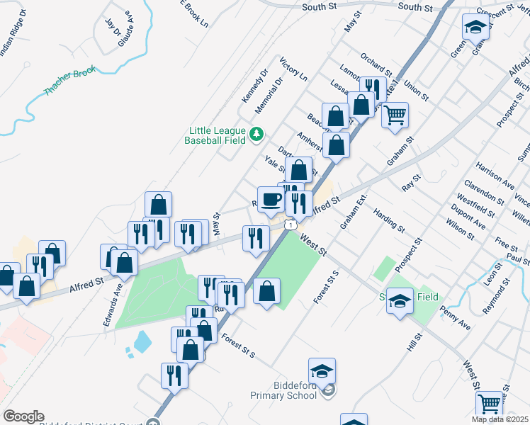 map of restaurants, bars, coffee shops, grocery stores, and more near 7 Summit Street in Biddeford