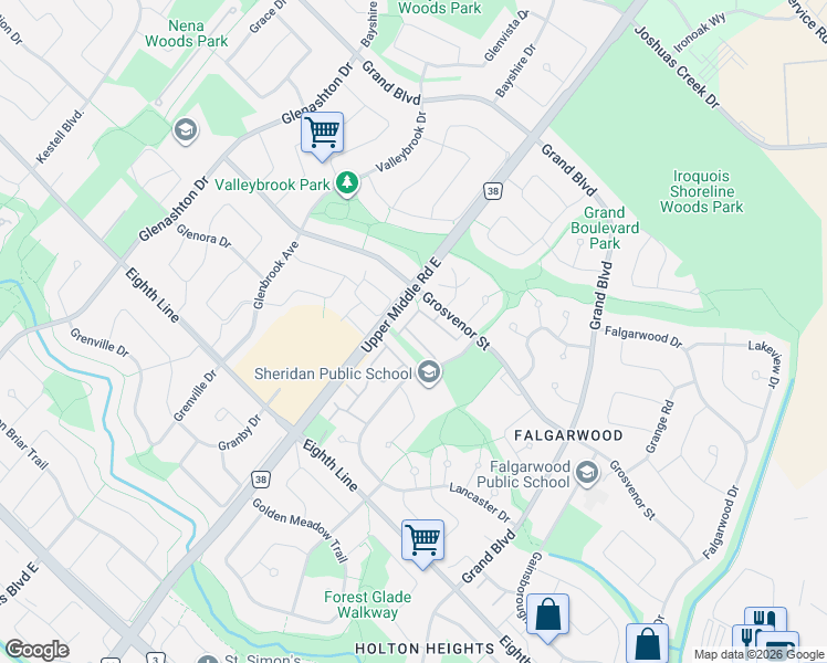 map of restaurants, bars, coffee shops, grocery stores, and more near 1580 Lancaster Drive in Oakville