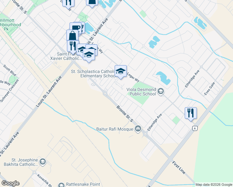 map of restaurants, bars, coffee shops, grocery stores, and more near 54 Frost Court in Milton