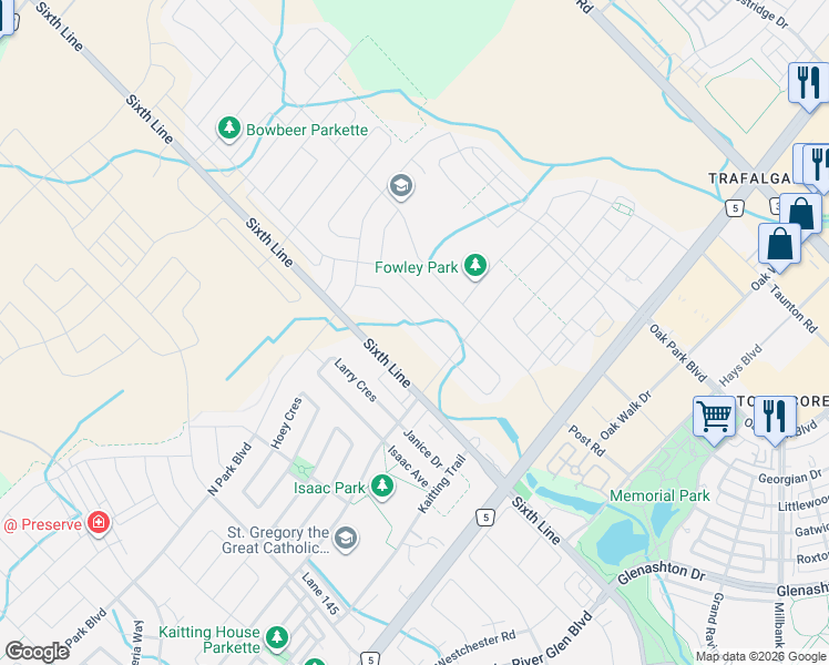 map of restaurants, bars, coffee shops, grocery stores, and more near 3124 Daniel Way in Oakville