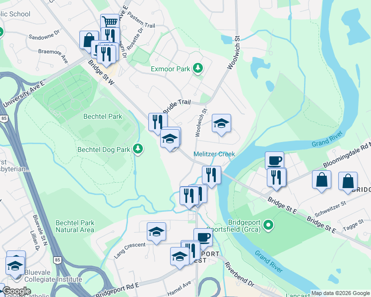 map of restaurants, bars, coffee shops, grocery stores, and more near 54 Bridge Street West in Kitchener