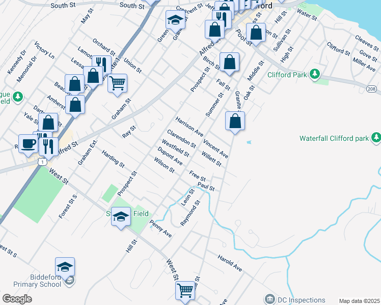 map of restaurants, bars, coffee shops, grocery stores, and more near 22 Westfield Street in Biddeford