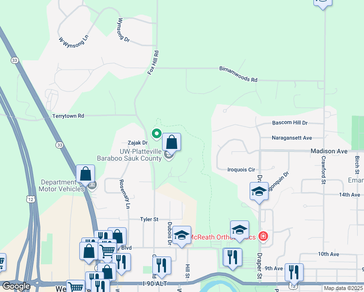 map of restaurants, bars, coffee shops, grocery stores, and more near 1006 Connie Road in Baraboo