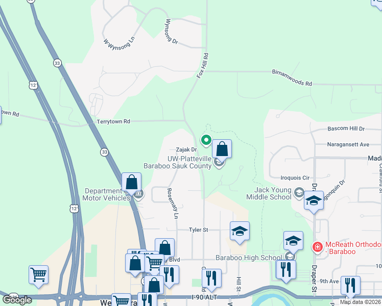 map of restaurants, bars, coffee shops, grocery stores, and more near 1013 Connie Road in Baraboo