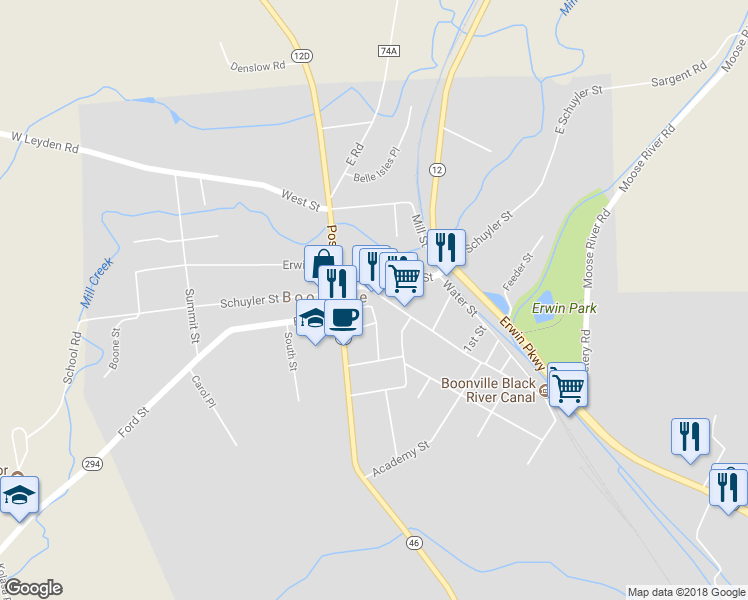 map of restaurants, bars, coffee shops, grocery stores, and more near 117 Main Street in Boonville