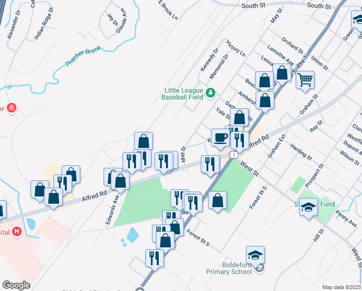 map of restaurants, bars, coffee shops, grocery stores, and more near 180 May Street in Biddeford