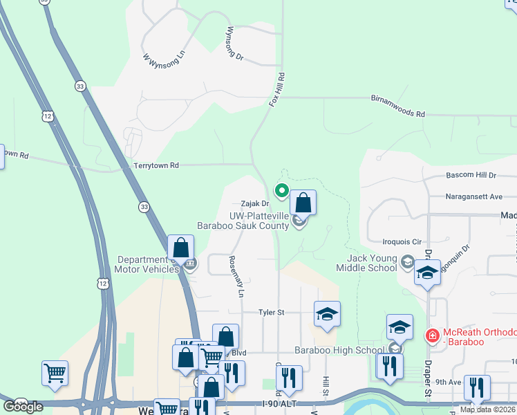 map of restaurants, bars, coffee shops, grocery stores, and more near 1013 Connie Road in Baraboo