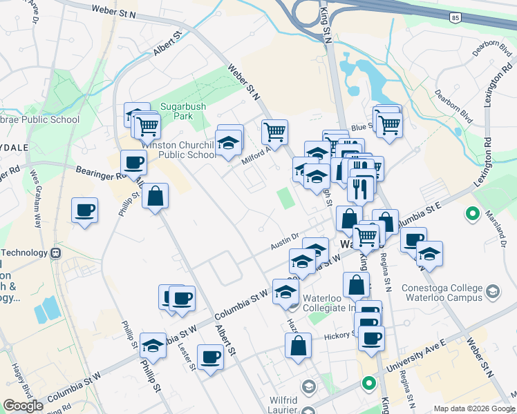 map of restaurants, bars, coffee shops, grocery stores, and more near 406 Tamarack Drive in Waterloo
