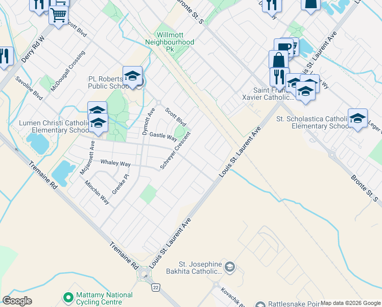 map of restaurants, bars, coffee shops, grocery stores, and more near 325 Gleave Terrace in Milton