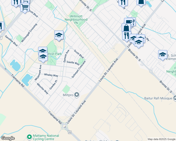 map of restaurants, bars, coffee shops, grocery stores, and more near 317 Gleave Terrace in Milton