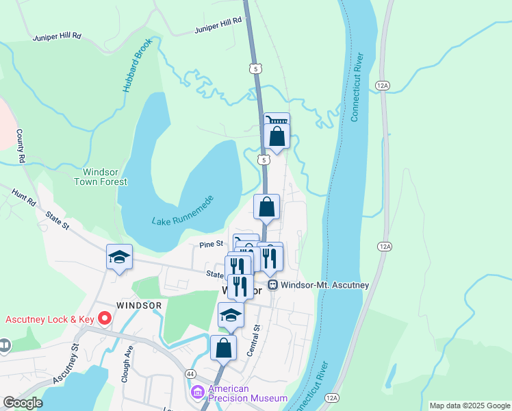 map of restaurants, bars, coffee shops, grocery stores, and more near 24 Main Street in Windsor