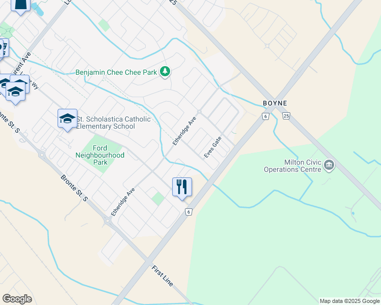 map of restaurants, bars, coffee shops, grocery stores, and more near 1534 Clitherow Street in Milton