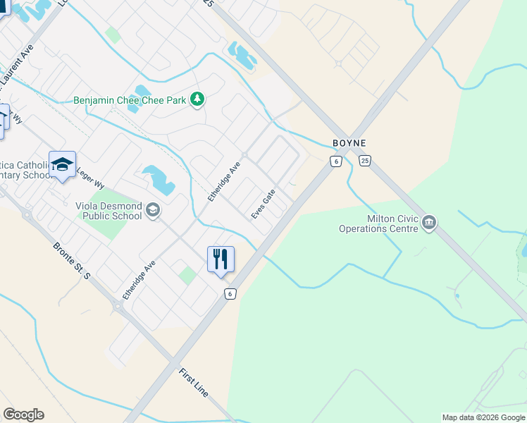 map of restaurants, bars, coffee shops, grocery stores, and more near 1578 Leblanc Court in Milton