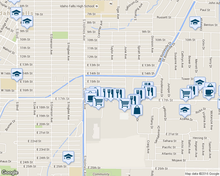 map of restaurants, bars, coffee shops, grocery stores, and more near 683 East 16th Street in Idaho Falls