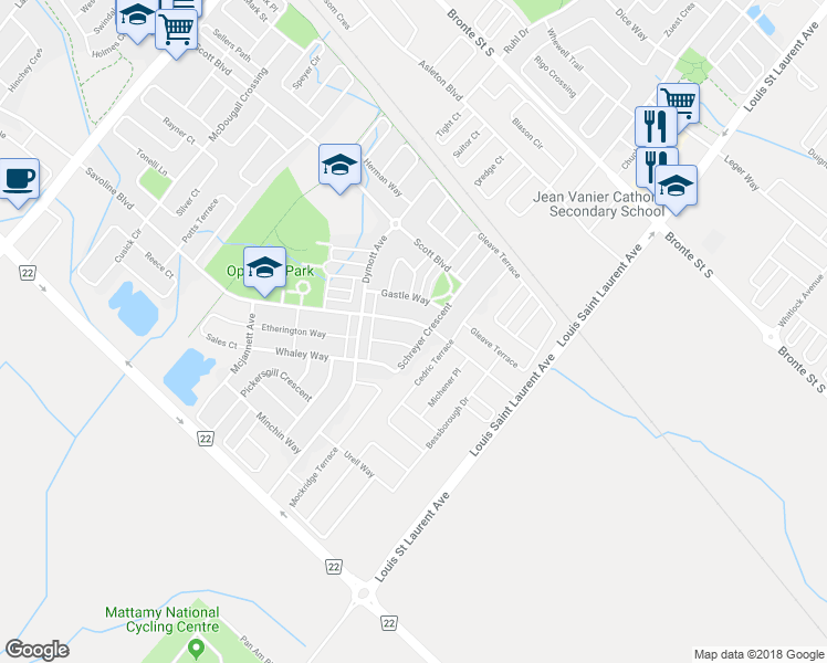 map of restaurants, bars, coffee shops, grocery stores, and more near 996 Savoline Boulevard in Milton