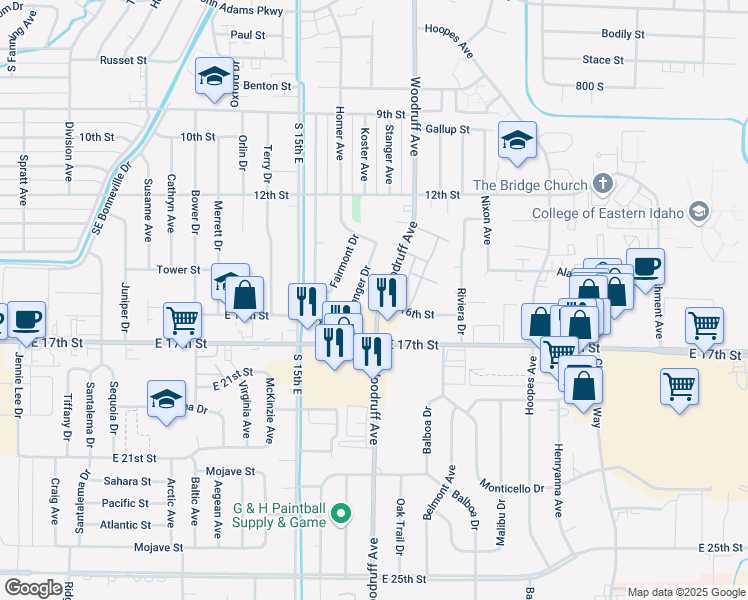map of restaurants, bars, coffee shops, grocery stores, and more near 1605 South Woodruff Avenue in Idaho Falls