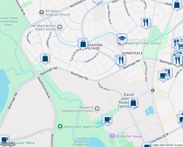 map of restaurants, bars, coffee shops, grocery stores, and more near 293 Thorncrest Drive in Waterloo
