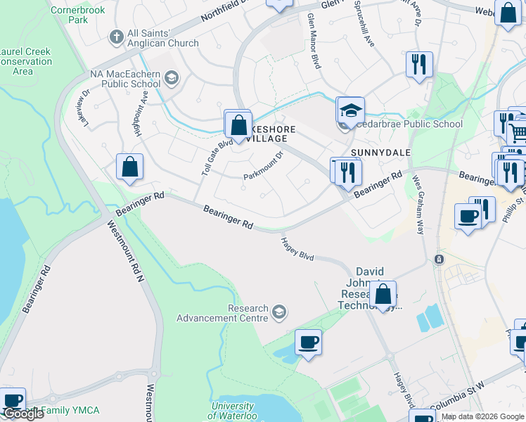 map of restaurants, bars, coffee shops, grocery stores, and more near 292 Thorncrest Drive in Waterloo