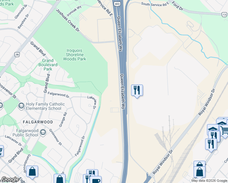 map of restaurants, bars, coffee shops, grocery stores, and more near 1393 North Service Road East in Oakville