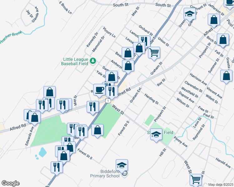 map of restaurants, bars, coffee shops, grocery stores, and more near 338 Alfred Street in Biddeford