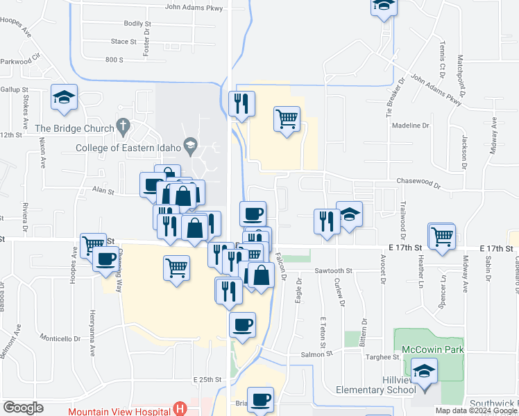 map of restaurants, bars, coffee shops, grocery stores, and more near 1532 Falcon Drive in Ammon