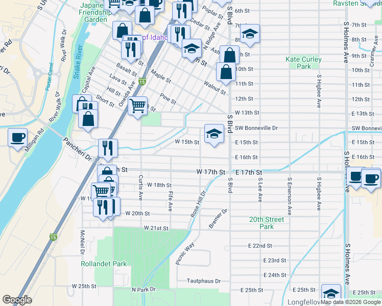 map of restaurants, bars, coffee shops, grocery stores, and more near 215 West 16th Street in Idaho Falls