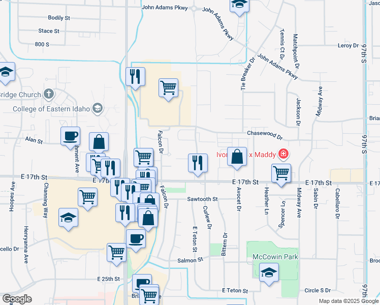 map of restaurants, bars, coffee shops, grocery stores, and more near 1488 Curlew Drive in Ammon