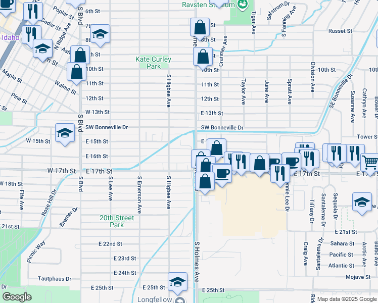 map of restaurants, bars, coffee shops, grocery stores, and more near 466 East 16th Street in Idaho Falls