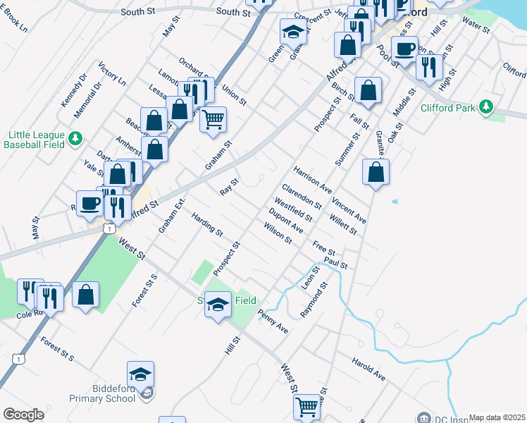 map of restaurants, bars, coffee shops, grocery stores, and more near 136 Prospect Street in Biddeford