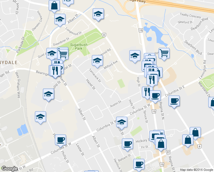 map of restaurants, bars, coffee shops, grocery stores, and more near 413 Tamarack Drive in Waterloo