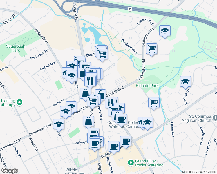 map of restaurants, bars, coffee shops, grocery stores, and more near 380 Weber Street North in Waterloo