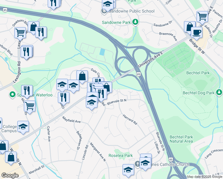 map of restaurants, bars, coffee shops, grocery stores, and more near 225 Harvard Place in Waterloo