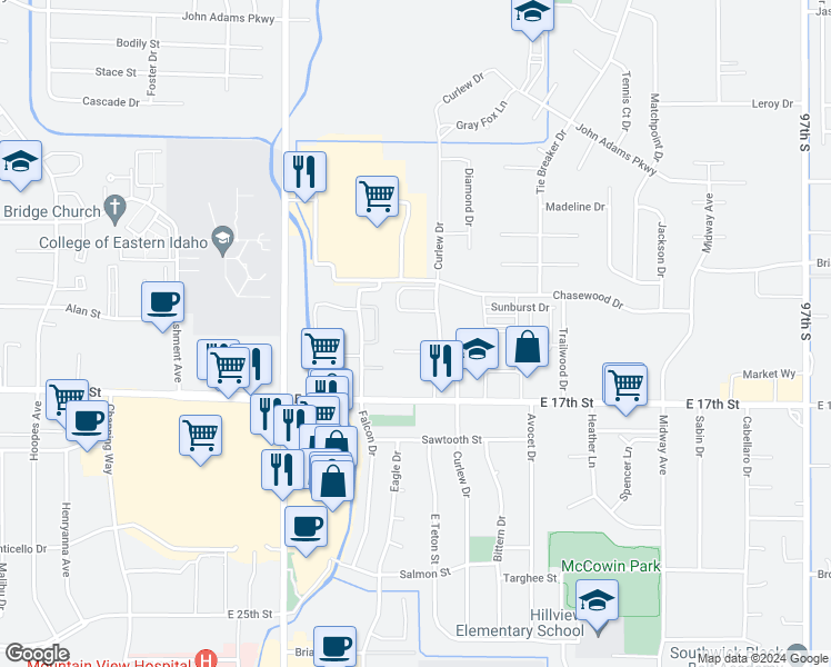 map of restaurants, bars, coffee shops, grocery stores, and more near 1488 Curlew Drive in Ammon