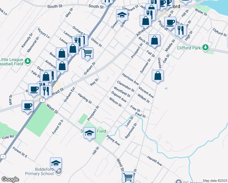 map of restaurants, bars, coffee shops, grocery stores, and more near 12 Dupont Avenue in Biddeford