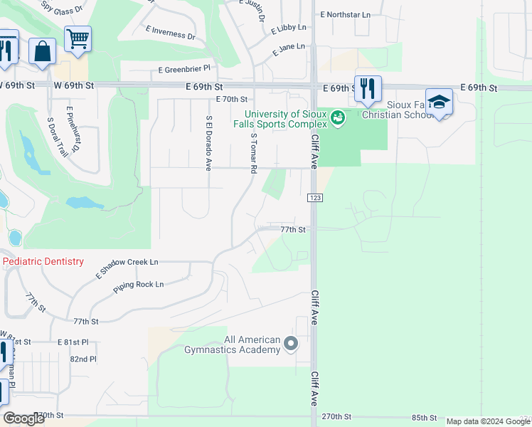 map of restaurants, bars, coffee shops, grocery stores, and more near 6900 South Santa Rosa Place in Sioux Falls
