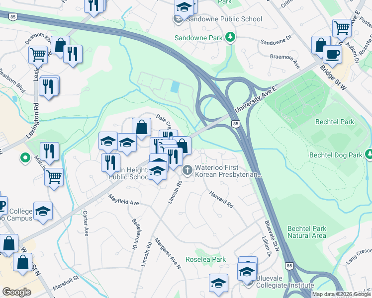 map of restaurants, bars, coffee shops, grocery stores, and more near 225 Harvard Place in Waterloo