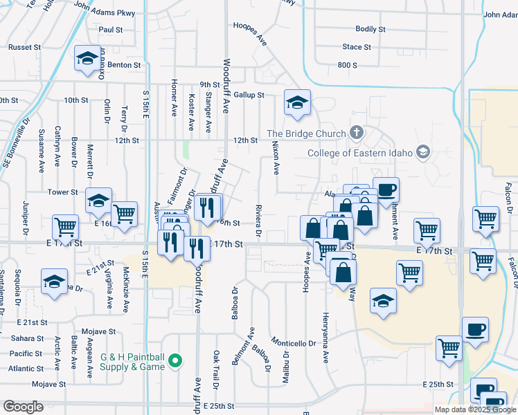 map of restaurants, bars, coffee shops, grocery stores, and more near Riviera Drive in Idaho Falls