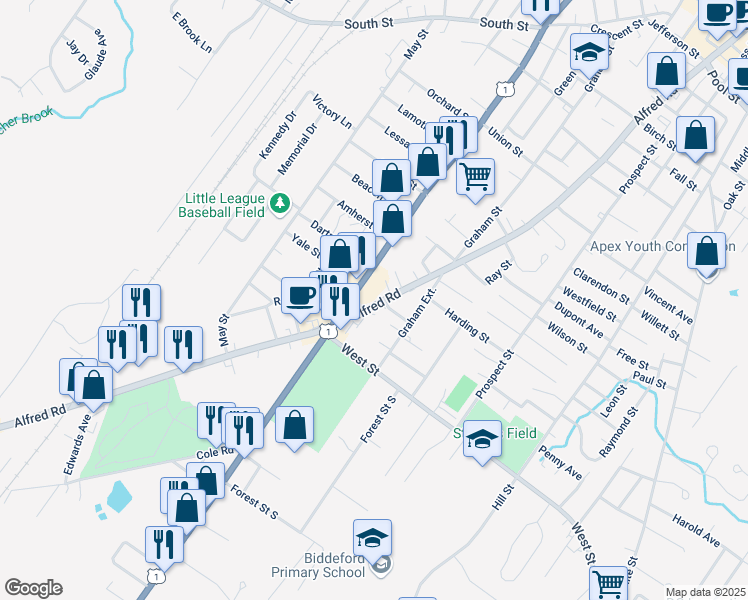 map of restaurants, bars, coffee shops, grocery stores, and more near 338 Alfred Street in Biddeford
