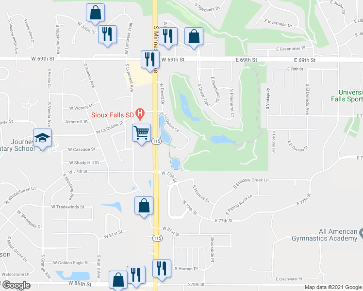map of restaurants, bars, coffee shops, grocery stores, and more near 307 La Quinta Circle in Sioux Falls