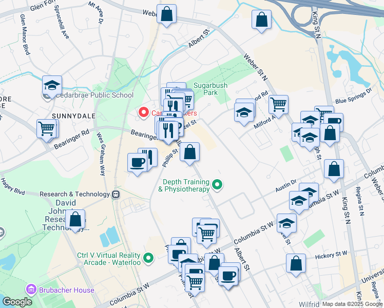 map of restaurants, bars, coffee shops, grocery stores, and more near 446 Albert Street in Waterloo