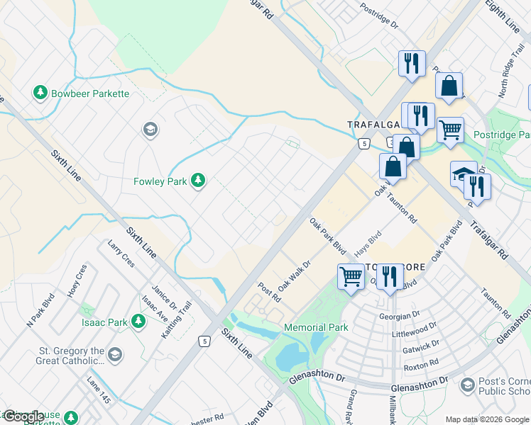 map of restaurants, bars, coffee shops, grocery stores, and more near 110 Huguenot Road in Oakville
