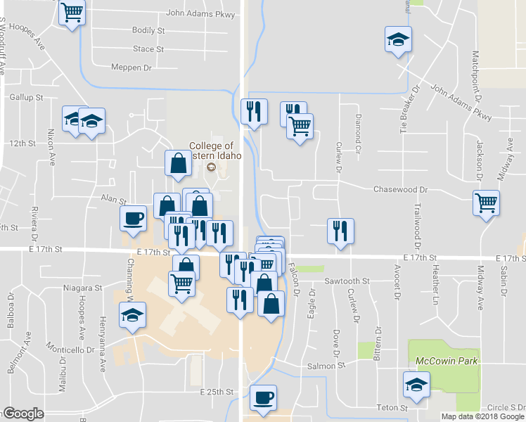 map of restaurants, bars, coffee shops, grocery stores, and more near 1466 Falcon Drive in Idaho Falls