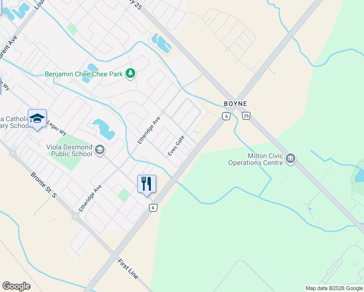 map of restaurants, bars, coffee shops, grocery stores, and more near 1633 Leblanc Court in Milton