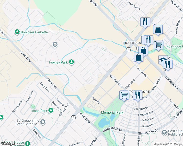 map of restaurants, bars, coffee shops, grocery stores, and more near 99 Huguenot Road in Oakville
