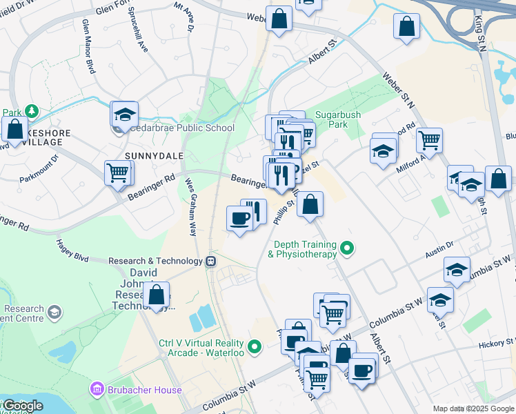 map of restaurants, bars, coffee shops, grocery stores, and more near 455 Phillip St in Waterloo