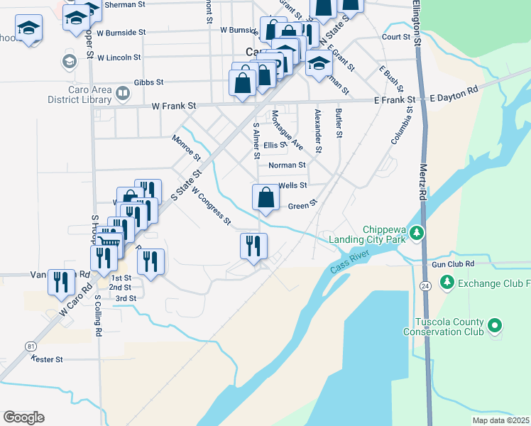 map of restaurants, bars, coffee shops, grocery stores, and more near 235 South Almer Street in Caro