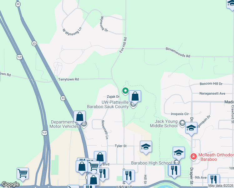 map of restaurants, bars, coffee shops, grocery stores, and more near 1013 Connie Road in Baraboo