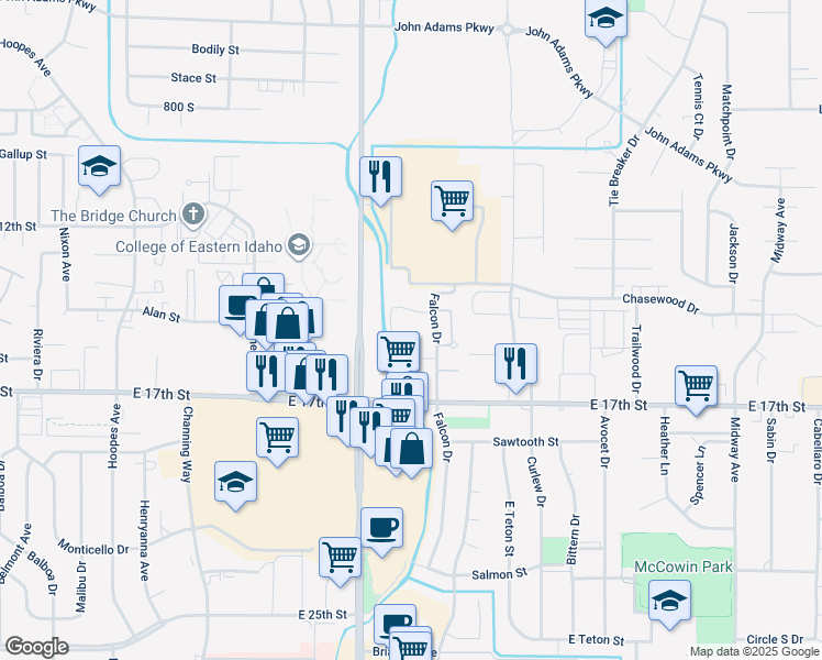 map of restaurants, bars, coffee shops, grocery stores, and more near 1548 Falcon Drive in Ammon